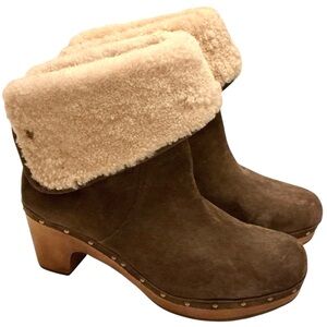 UGG Lynnea Brown Suede Shearling Clog Ankle Boots Size 11